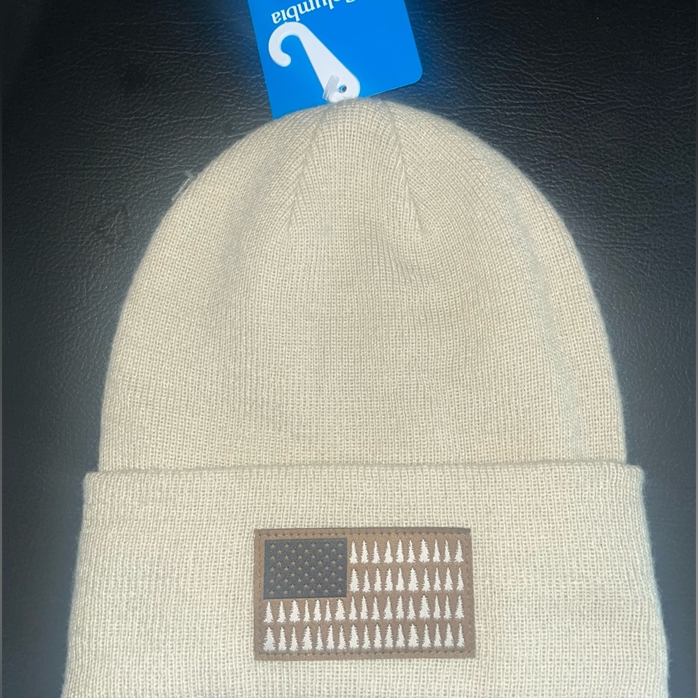 Columbia Cream Beanie with Brown Patch